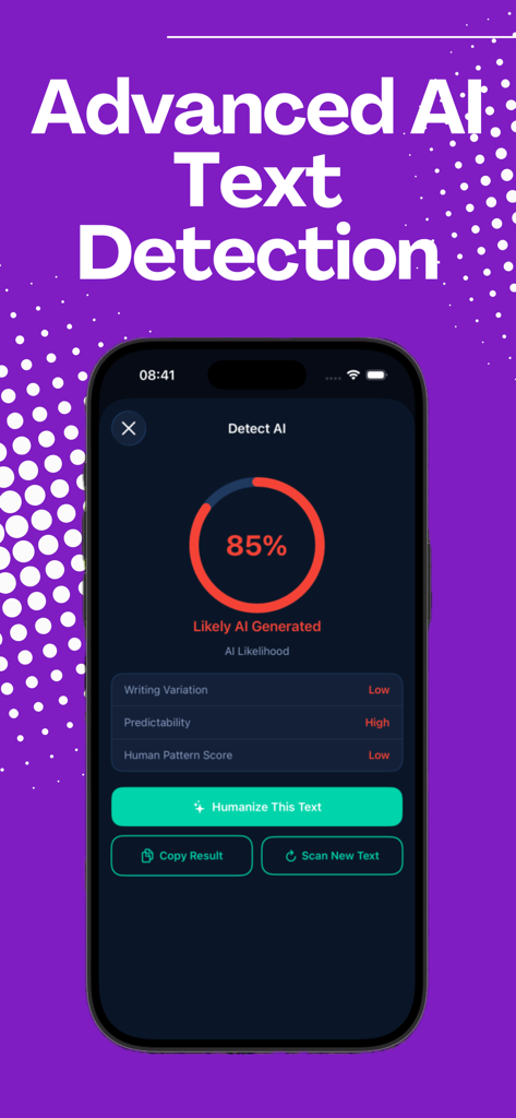 AI Humanizer & Detector - Um display de smartphone mostrando uma pontuação de probabilidade de IA de oitenta e cinco por cento do aplicativo Humanizador e Detector de IA