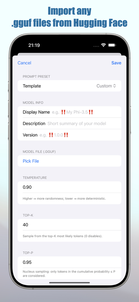 Smart AI: Local LLM & API Chat - Configuration screen for importing and customizing local LLM gguf files from Hugging Face