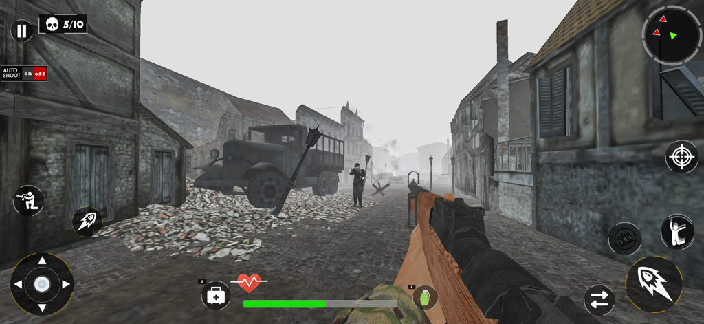WW2 Shooter Heroes Fire War - First-person view of a World War 2 shooter game featuring a soldier with a rifle in a destroyed town setting.