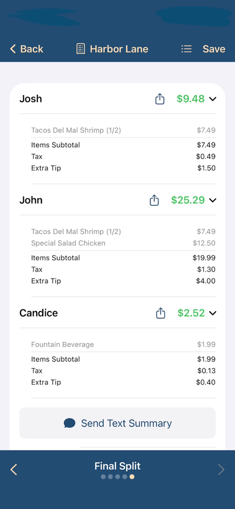 SplitCheck: Scan-Select-Split - Final bill split screen in SplitCheck app showing itemized costs for different people