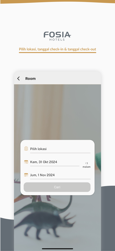 Fosia Hotels - Fosia Hotels app room search screen with date and location selection fields