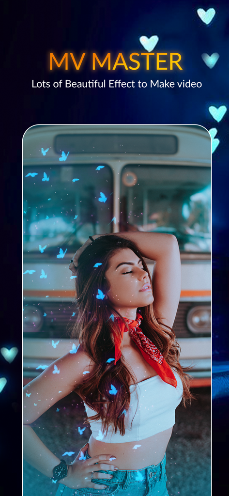 MV Master Video Maker - A woman portrait with magical blue butterfly effects in the MV Master video editing app