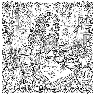 Discover the warmth of fall with this enchanting cottagecore coloring page, featuring a serene girl surrounded by rich autumn harvest and natural beauty. Perfect for those who love detailed portraits and the cozy spirit of the season.