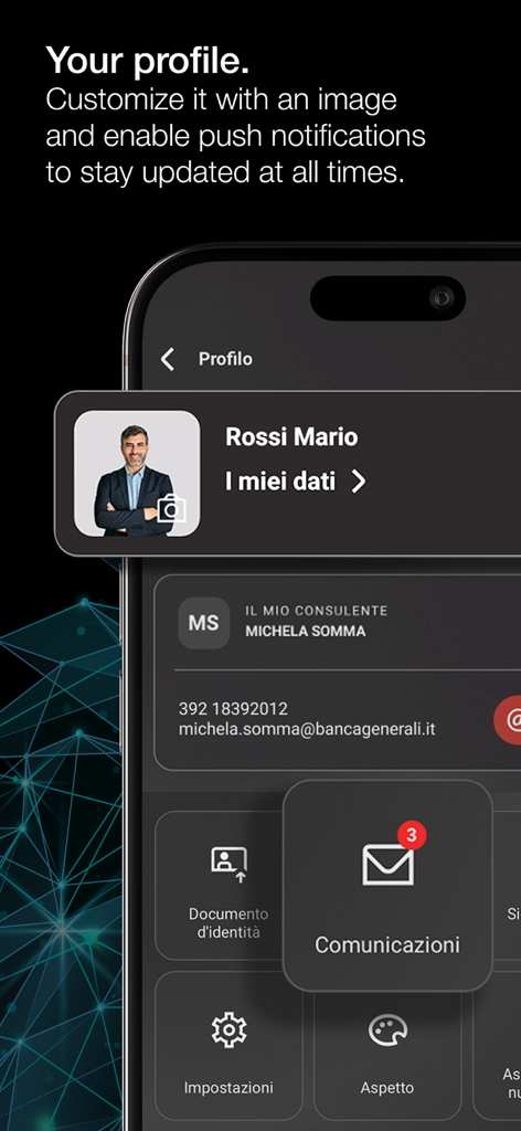 User profile customization screen of the Banca Generali Private app in dark mode