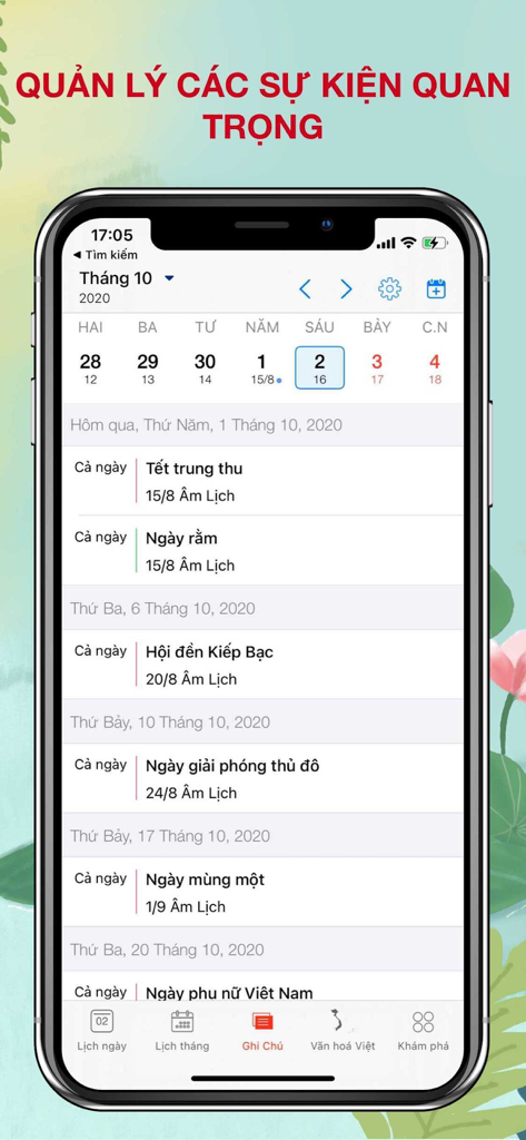 A mobile interface of a Vietnamese calendar app showing a list of managed important cultural and historical events.