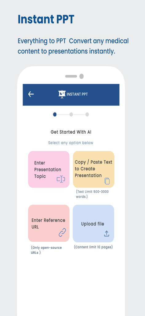 AI-powered medical presentation builder interface in the VKonnect Health app showing options to create PPTs from topics, text, URLs, or files.