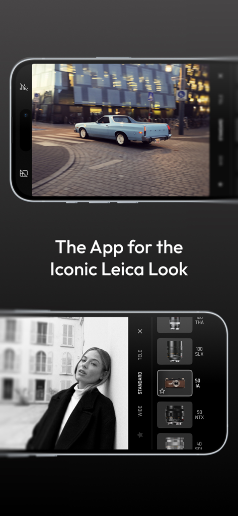 Leica LUX - Pro Manual Camera - Aplicativo Leica LUX em iPhones mostrando visuais icônicos e simulações profissionais de lentes