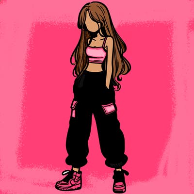 girl in baggy pants crop top and long hair