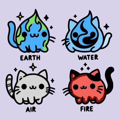 4 cats that represent the different elements, earth, water, air, and fire