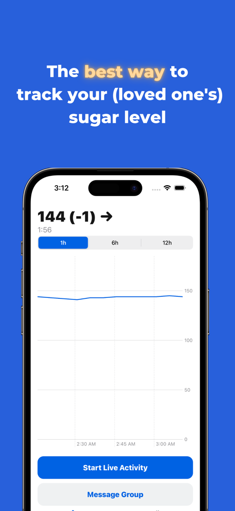 Sweet Dreams – Sugar Tracker - Sweet Dreams app showing real time blood sugar levels and glucose trend graph on an iPhone
