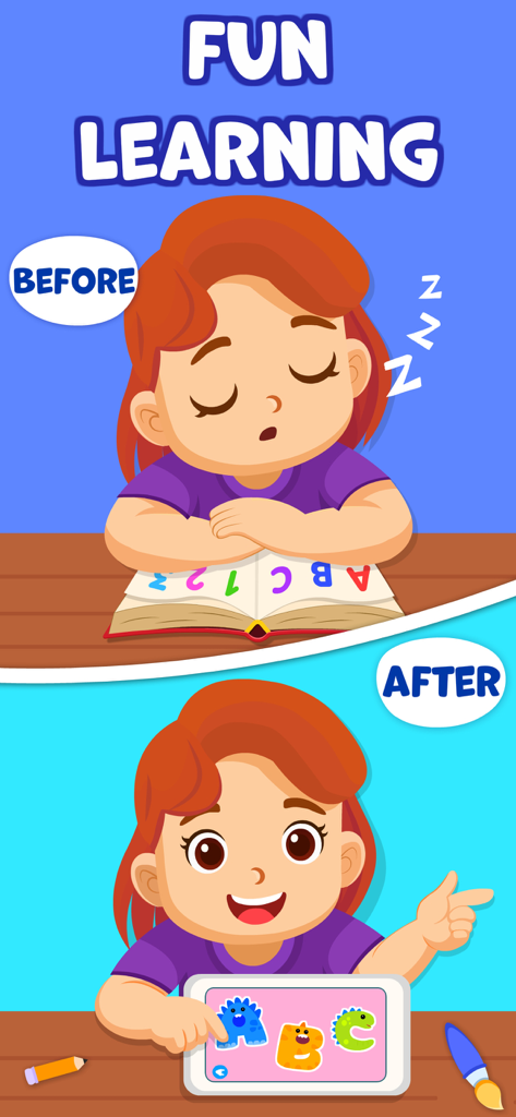 Toddler Games for 3 Year Olds• - A cartoon showing a young girl bored while reading a book versus being happy and engaged while learning on a tablet.