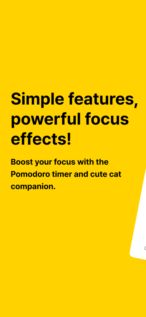 Pomocat - Adorable Focus Timer - A yellow screen promoting Pomocat as a simple focus timer with a cute cat companion.