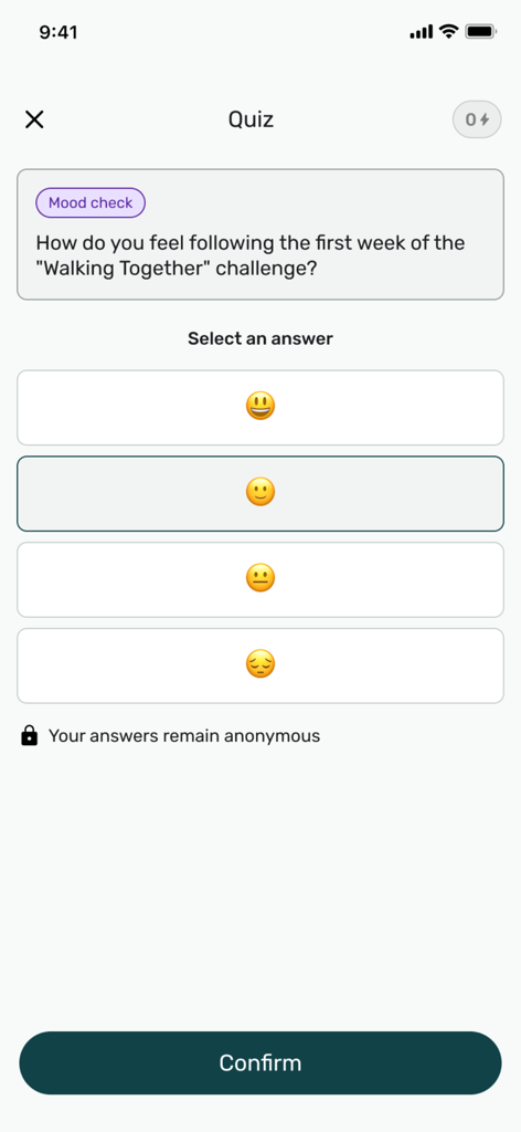 Propulsion - Mood check quiz screen in the Propulsion app with emoji response options for employee well-being