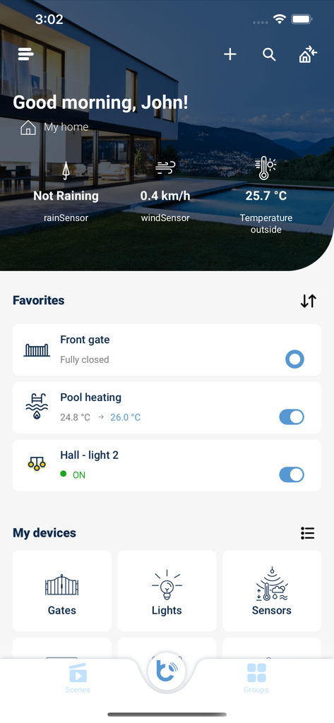 wBox by blebox.eu - wBox app dashboard showing smart home controls for gates pool heating and lights with weather data