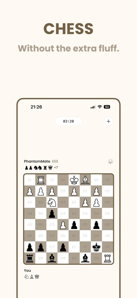 Interface minimalista de jogo de xadrez para celular mostrando um tabuleiro com peças e um cronômetro de jogo