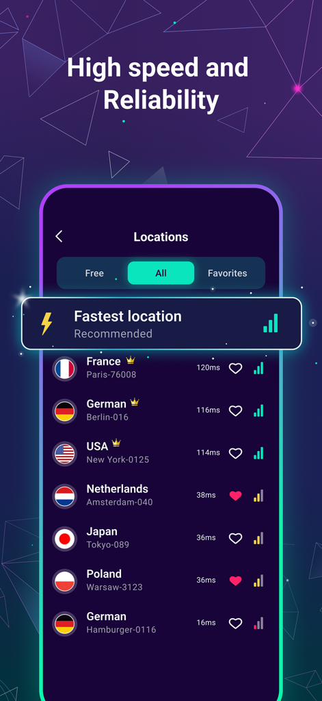 AI VPN app screen showing various server locations like USA, Japan, and France with ping speed indicators and a recommended fastest location button.