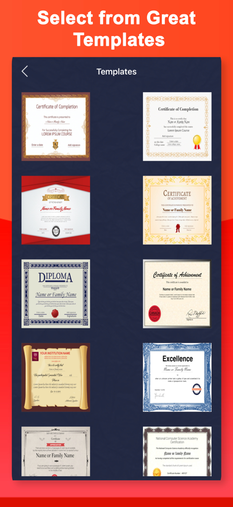 Certificate Maker: Diploma AI - Una biblioteca de plantillas profesionales de certificados y diplomas disponibles en la aplicación.