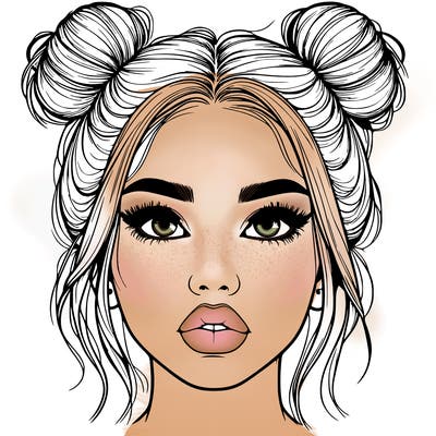 realistic girl with two buns on her hair and lips