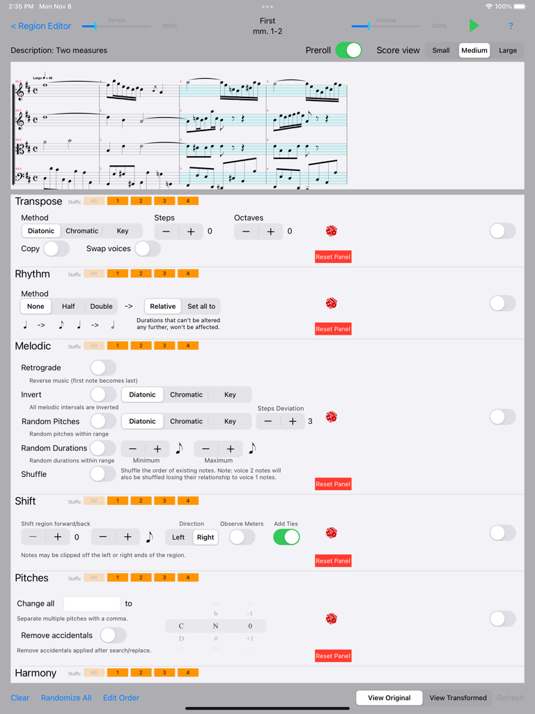 MusicJOT - Der Region-Editor-Bildschirm der MusicJOT App auf dem iPad zeigt professionelle Musiknotation und Transformationswerkzeuge.
