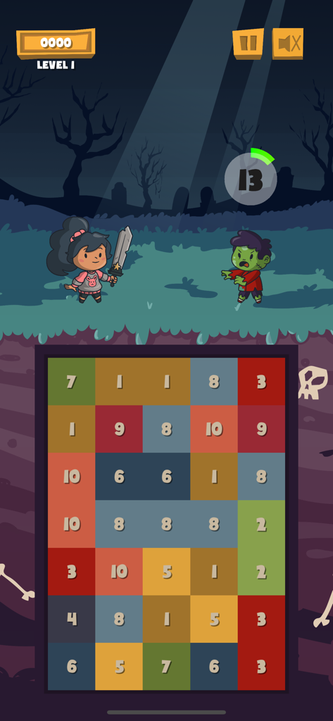 The Math Zombie - A gameplay screenshot of The Math Zombie showing a girl with a sword facing a zombie above a grid of numbered blocks.