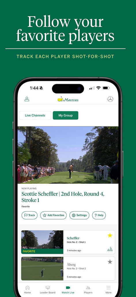 The Masters Tournament - Captura de pantalla de la aplicación del Masters Tournament que muestra la función Mi Grupo para seguir golpe a golpe a los golfistas favoritos