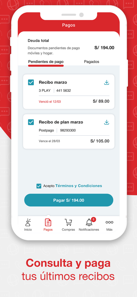 Mi Claro Perú - Interfaz de la aplicación Mi Claro Peru que muestra la pantalla de pago de facturas y la deuda total