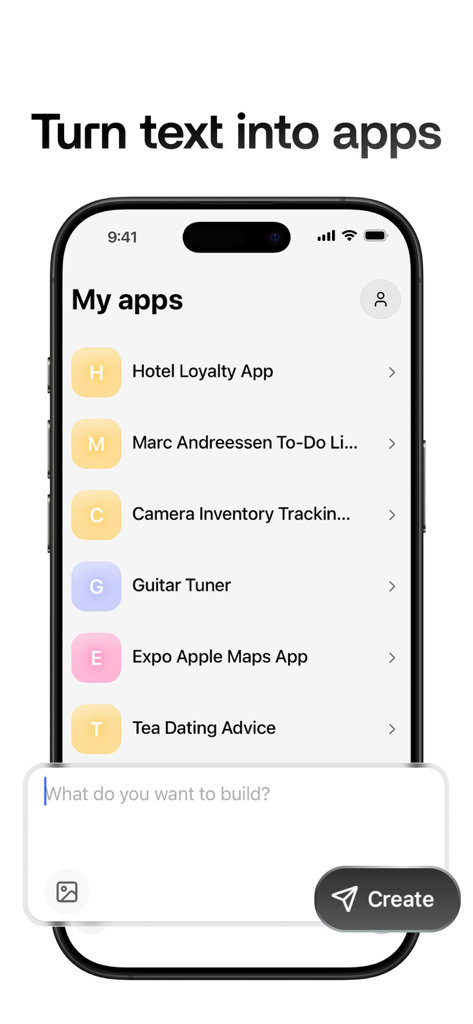 Rork - Rork mobile app Oberfläche, die eine Projektliste und eine KI-Texteingabeaufforderung zur Erstellung neuer mobiler Apps zeigt.