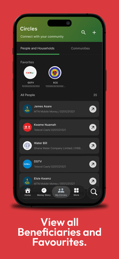 KOWRI - The My Circles screen in the KOWRI app displaying a list of favorite beneficiaries and utility bill payment accounts for mobile money transfers.