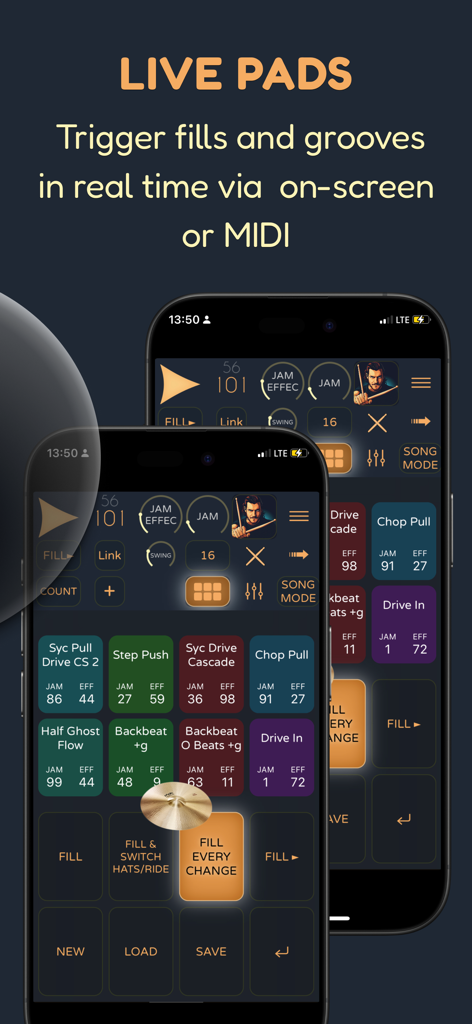 Pop Drummer -Real Drum Machine - Pop Drummer app Live Pads interface on iPhone for real time drum triggering