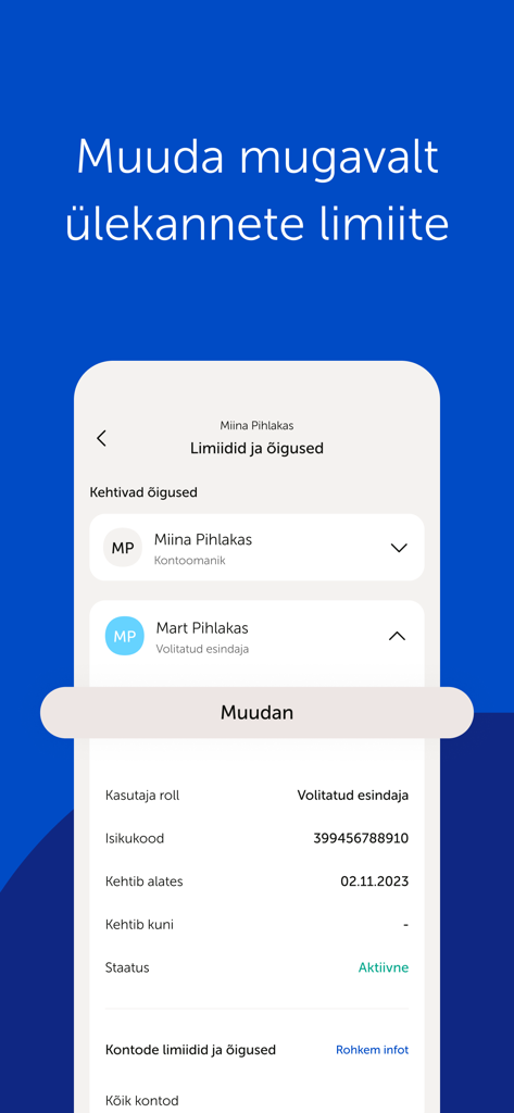 Coop Pank app interface for managing account transfer limits and user permissions