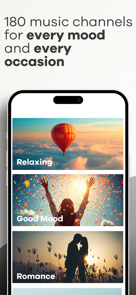 Pantalla de iPhone mostrando varios canales de música para diferentes estados de ánimo como Relajante, Buen Humor y Romance