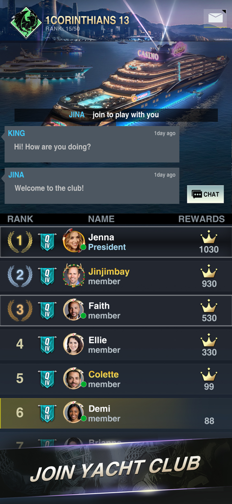 Holdem or Foldem Texas Poker モバイルゲームのヨットクラブのリーダーボードランキング画面。