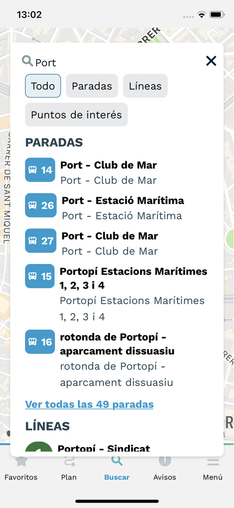 Resultados de la búsqueda de paradas de autobús cerca del puerto en la aplicación EMT Palma