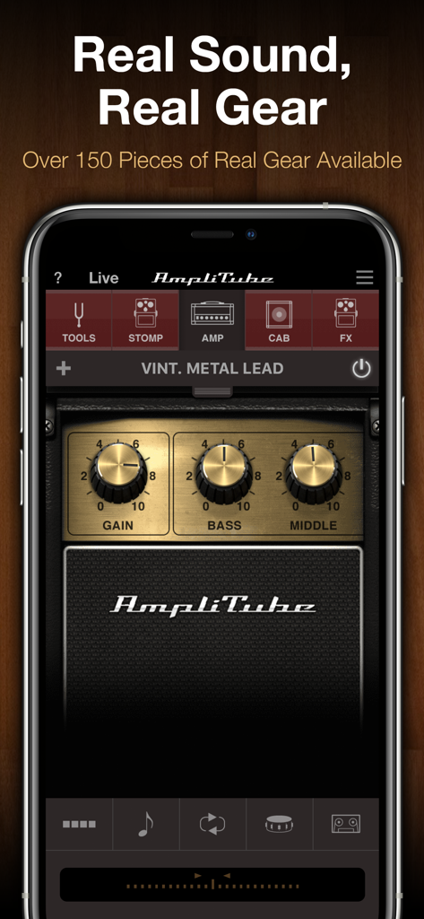 AmpliTube - Interfaz de la aplicación móvil AmpliTube mostrando un amplificador de guitarra de metal de plomo virtual con controles de ganancia y ecualización ajustables.