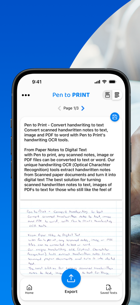 Ein Smartphone-Bildschirm, der die PenToPRINT-App zeigt, die eine handschriftliche Notiz in bearbeitbaren digitalen Text mit einer Exportoption umwandelt.