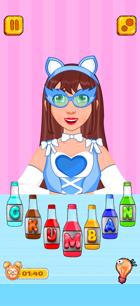 ASMR Master - Mukbang Eating - A sorting puzzle scene in ASMR Master Mukbang Eating featuring a character and several colorful soda bottles with letters.