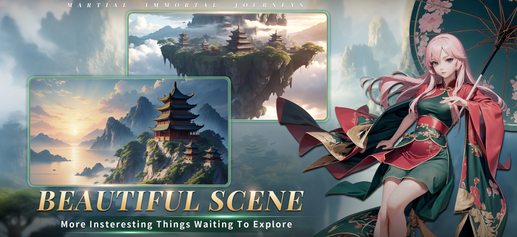 Martial lmmortal Journeys - Floating islands with temples and a female anime character in the Martial Immortal Journeys game