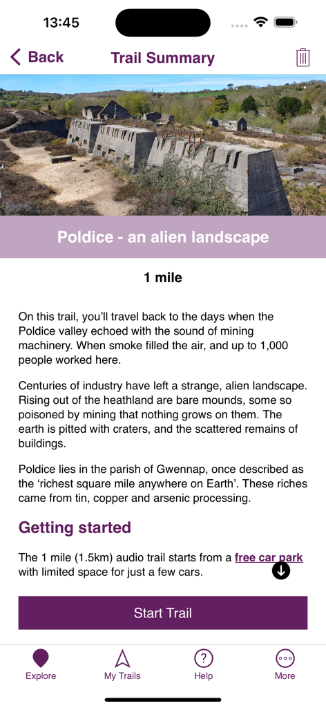 Trail summary screen for the Poldice mining heritage walking tour in the Places and Trails app