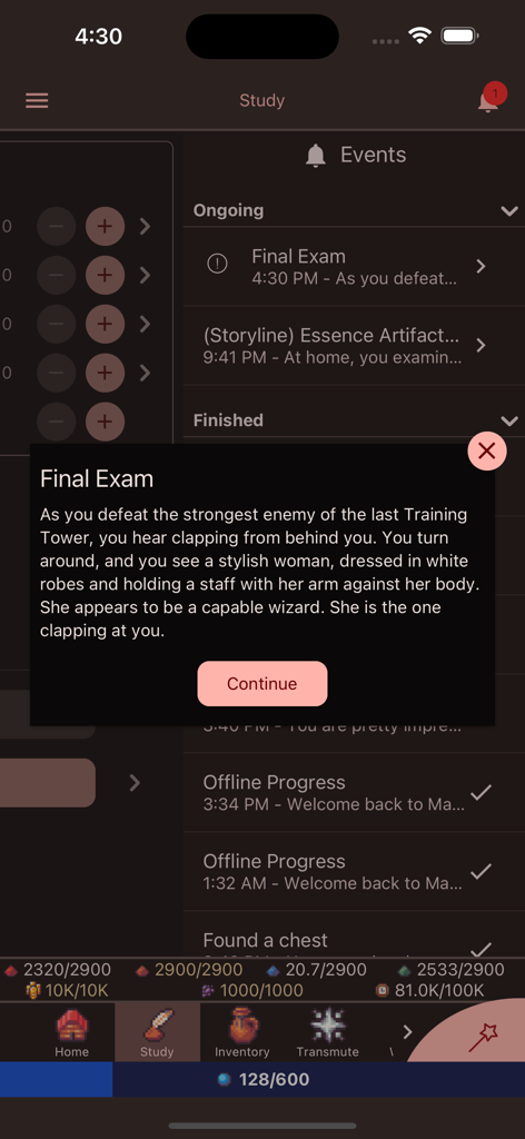 Magic Research 2 - Écran de jeu de Magic Research 2 montrant un événement d'histoire intitulé Examen Final avec une fenêtre contextuelle descriptive
