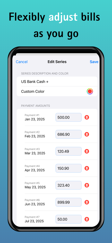 EZ Bill Organizer & Tracker - Smartphone screen showing the Edit Series feature to adjust monthly bill amounts manually.