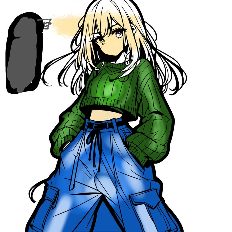 anime teen girl with baggy pants and crop top with sweater