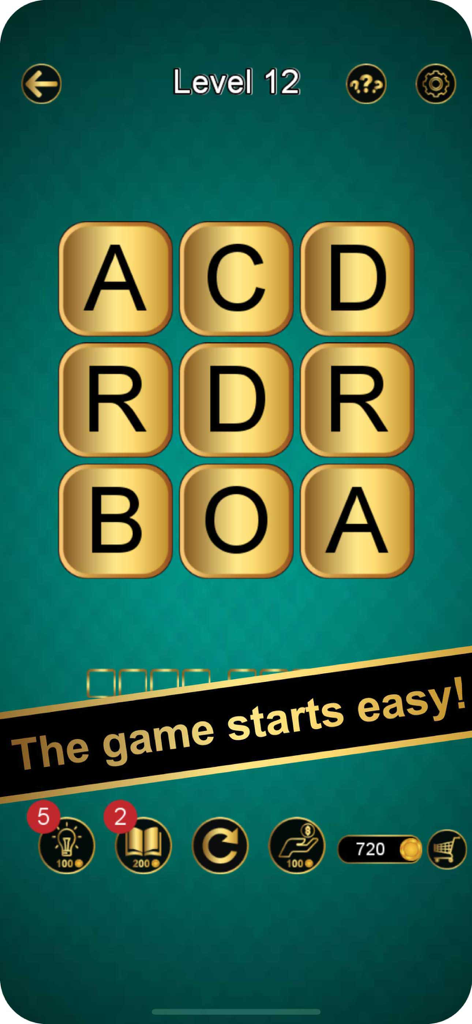 Niveau de puzzle de mots Word Spell 12 montrant une grille de tuiles de lettres dorées et une bannière indiquant que le jeu commence facilement