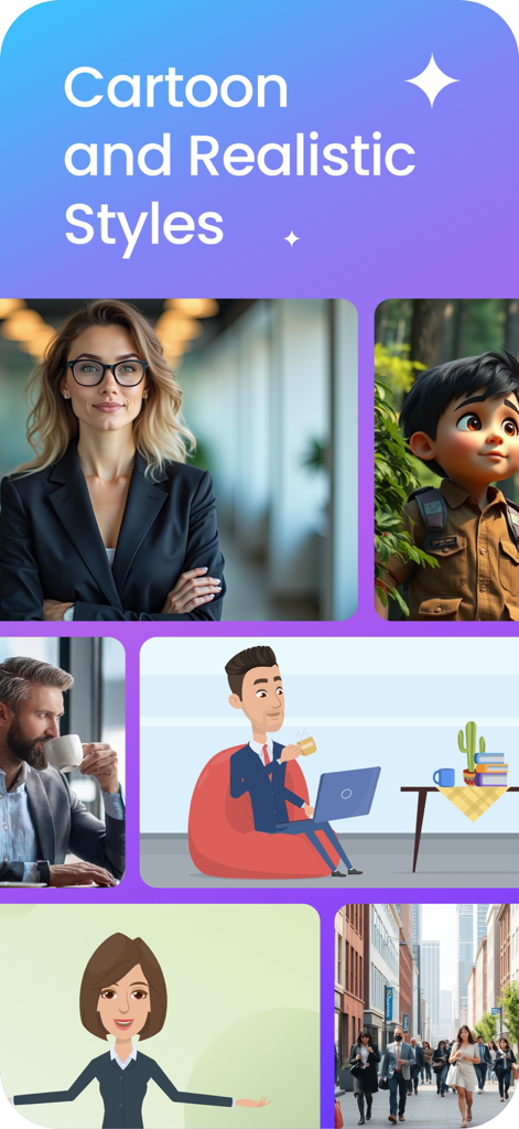 Steve AI: AI Video Generator - A display of cartoon and realistic visual styles for AI video creation.