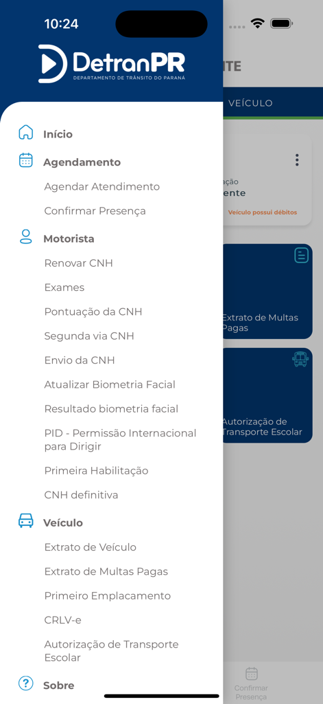 Detran/PR InteliGENTE - Side navigation menu of the Detran PR InteliGENTE mobile app featuring driver and vehicle management options.