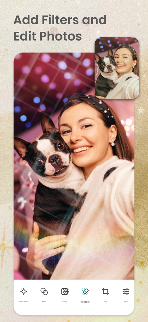 App interface showing a woman and her dog with applied photo filters and editing tools