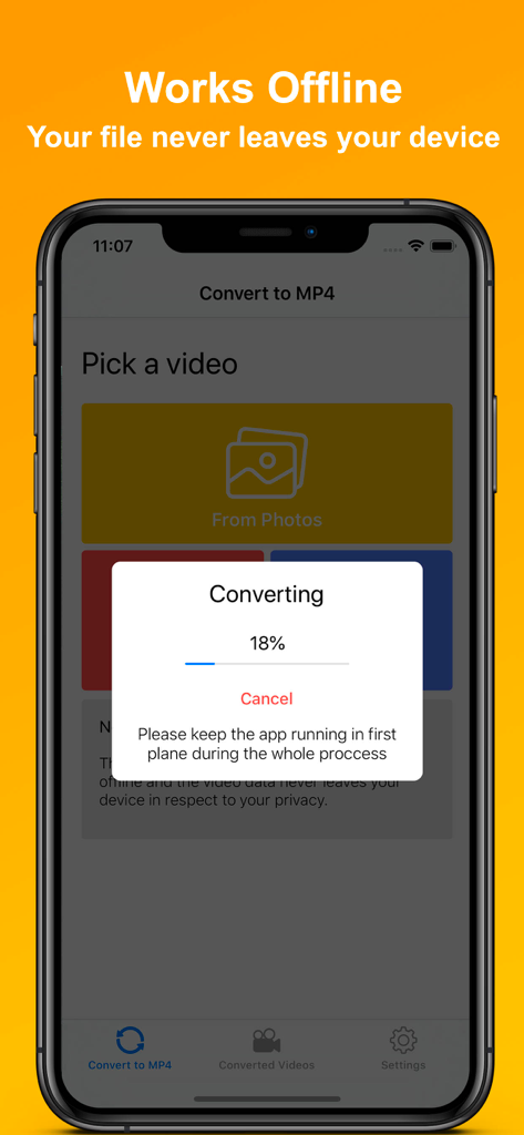 MP4 Maker app interface showing a video being converted to MP4 format offline on an iPhone