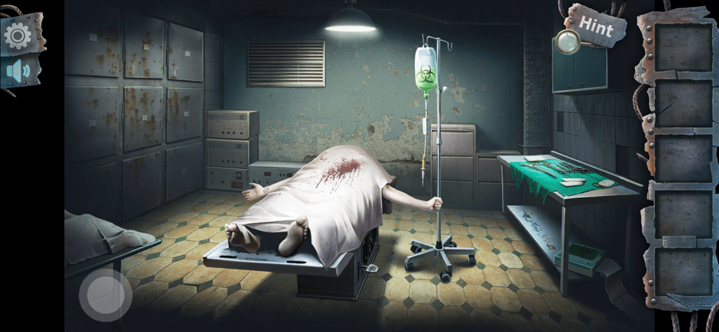 Escena de morgue espeluznante con un cuerpo ensangrentado en una camilla en una sala de escape de terror