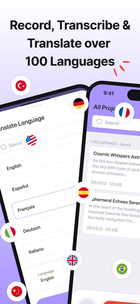 iMemo AI Note Taking & Summary - Mobile app screens showing record transcribe and translate options with various national flag icons representing over 100 languages