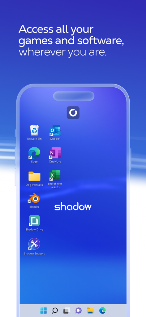 A tela de um smartphone exibindo uma interface de desktop Windows com ícones de software de produtividade e criatividade