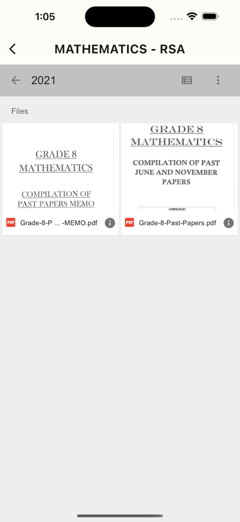 Grade 8 Exam Papers - A screenshot of the Grade 8 Exam Papers app displaying 2021 Mathematics past papers and answer memos.